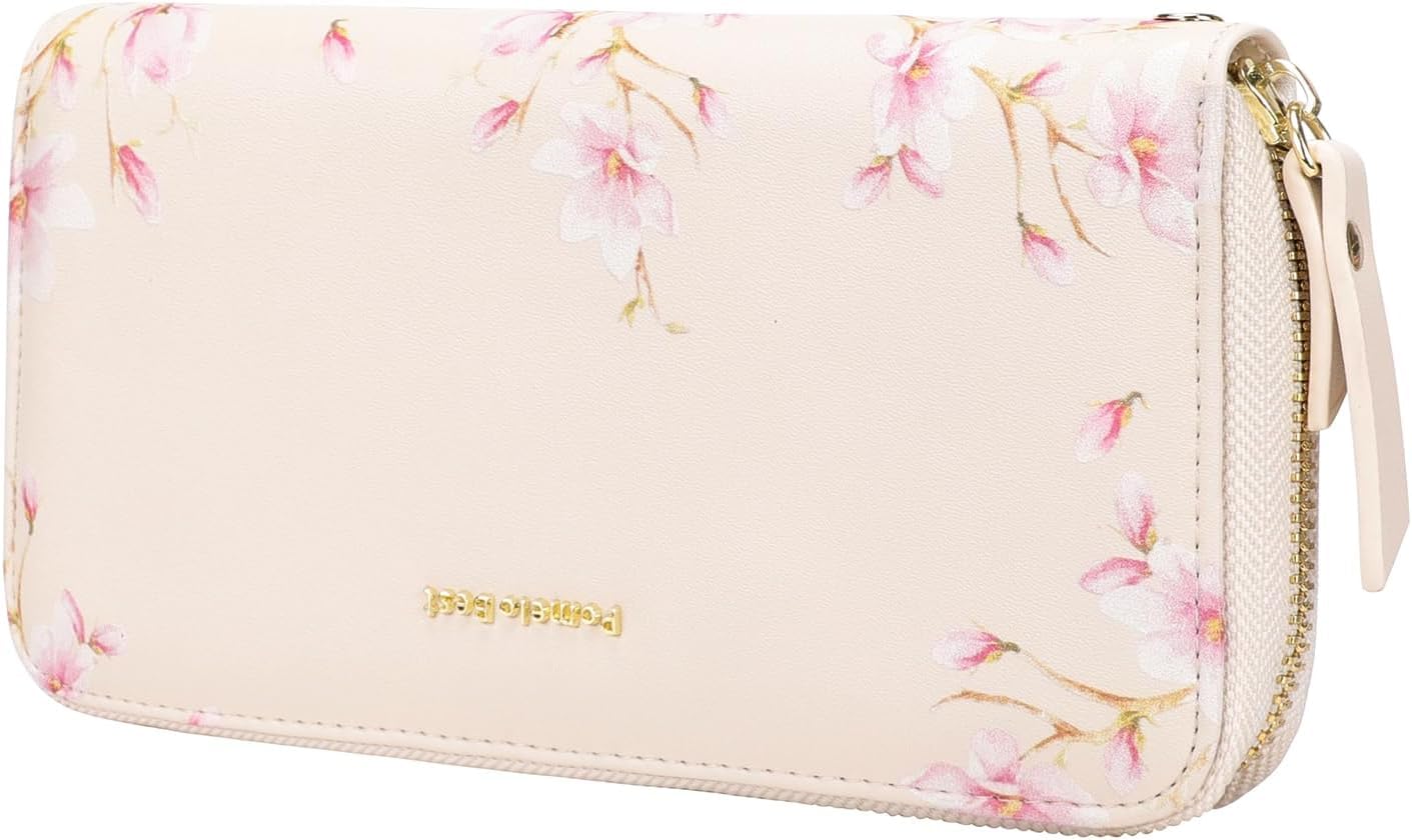 Pomelo Best RFID Blocking Leather Wallet for Women Large Capacity Travel Clutch Wristlet Ivory White